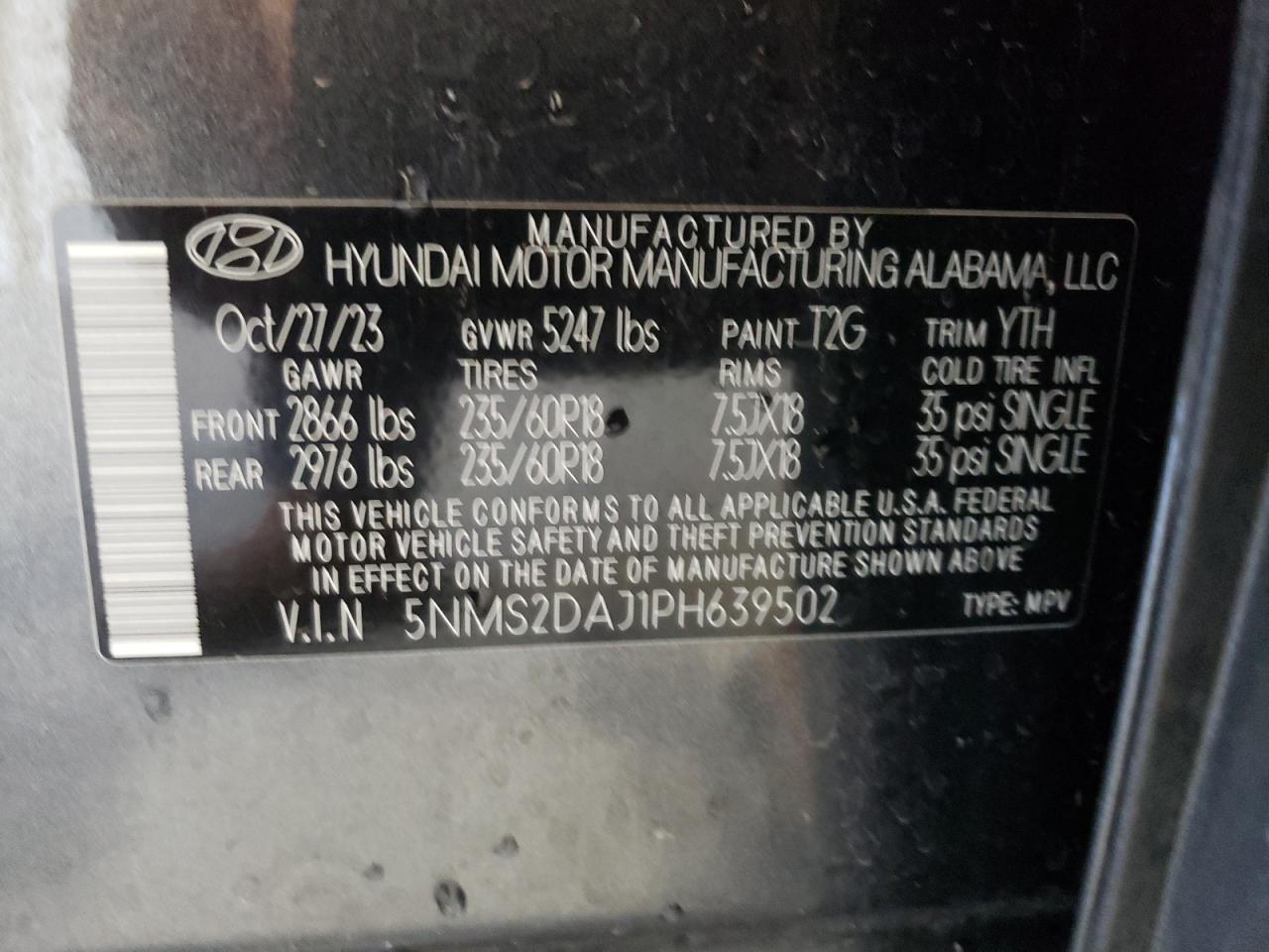 5NMS2DAJ1PH639502 2023 Hyundai Santa Fe Sel