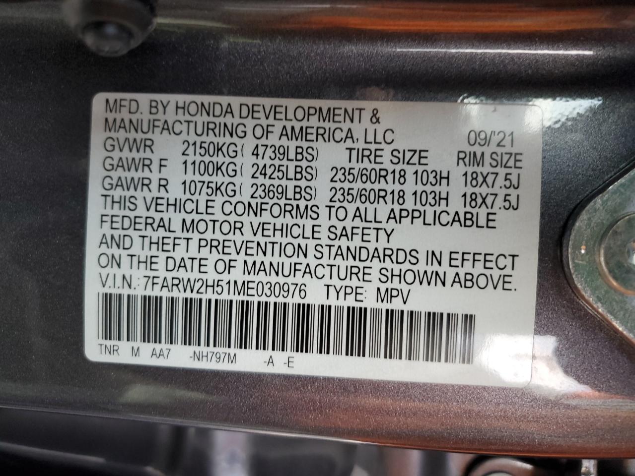 7FARW2H51ME030976 2021 Honda Cr-V Ex