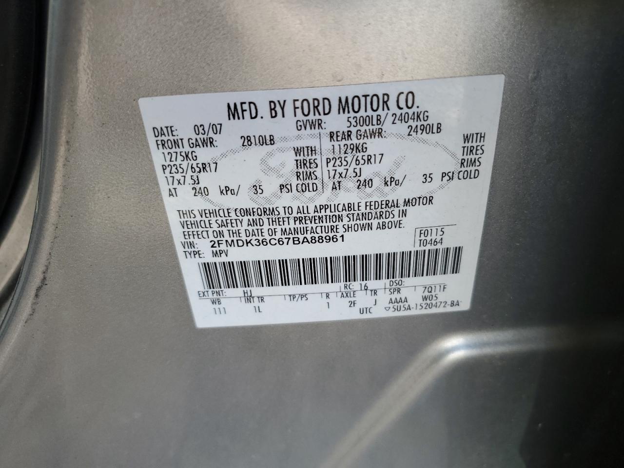 2FMDK36C67BA88961 2007 Ford Edge Se