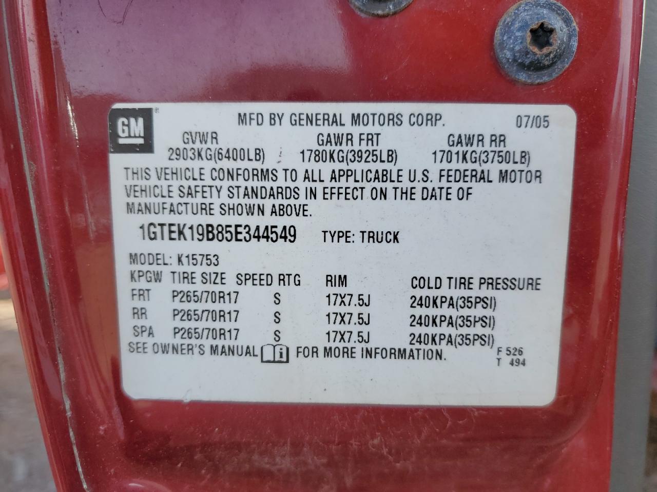 1GTEK19B85E344549 2005 GMC New Sierra K1500