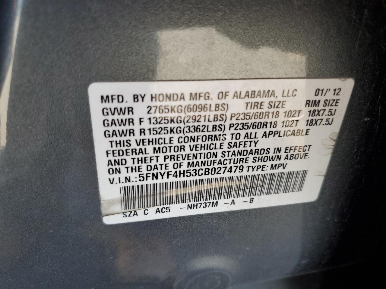 5FNYF4H53CB027479 2012 Honda Pilot Exl