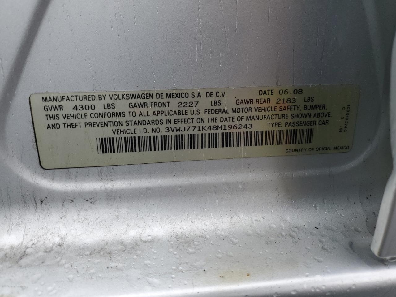 3VWJZ71K48M196243 2008 Volkswagen Jetta S