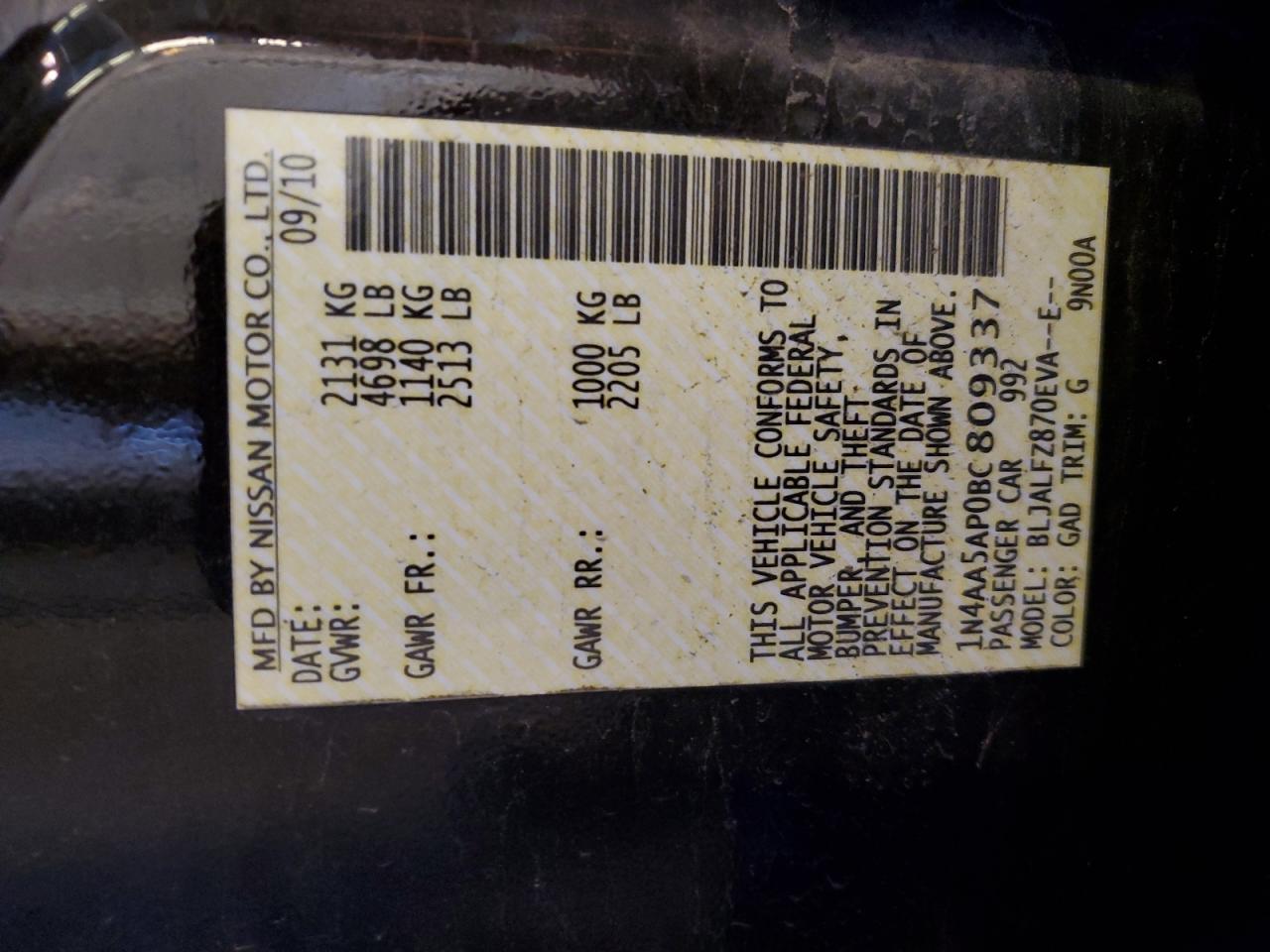 1N4AA5AP0BC809337 2011 Nissan Maxima S