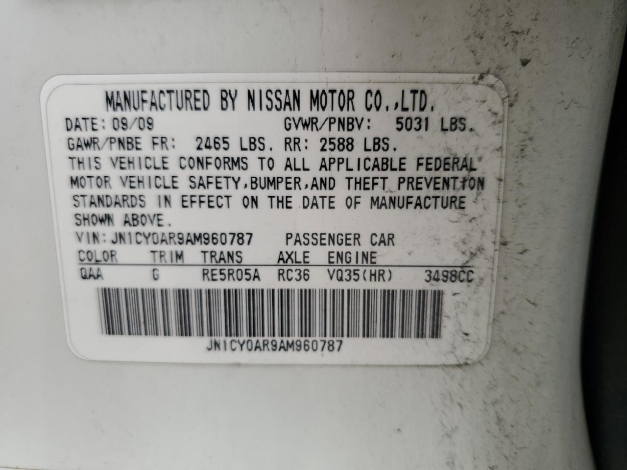 JN1CY0AR9AM960787 2010 Infiniti M35 Base