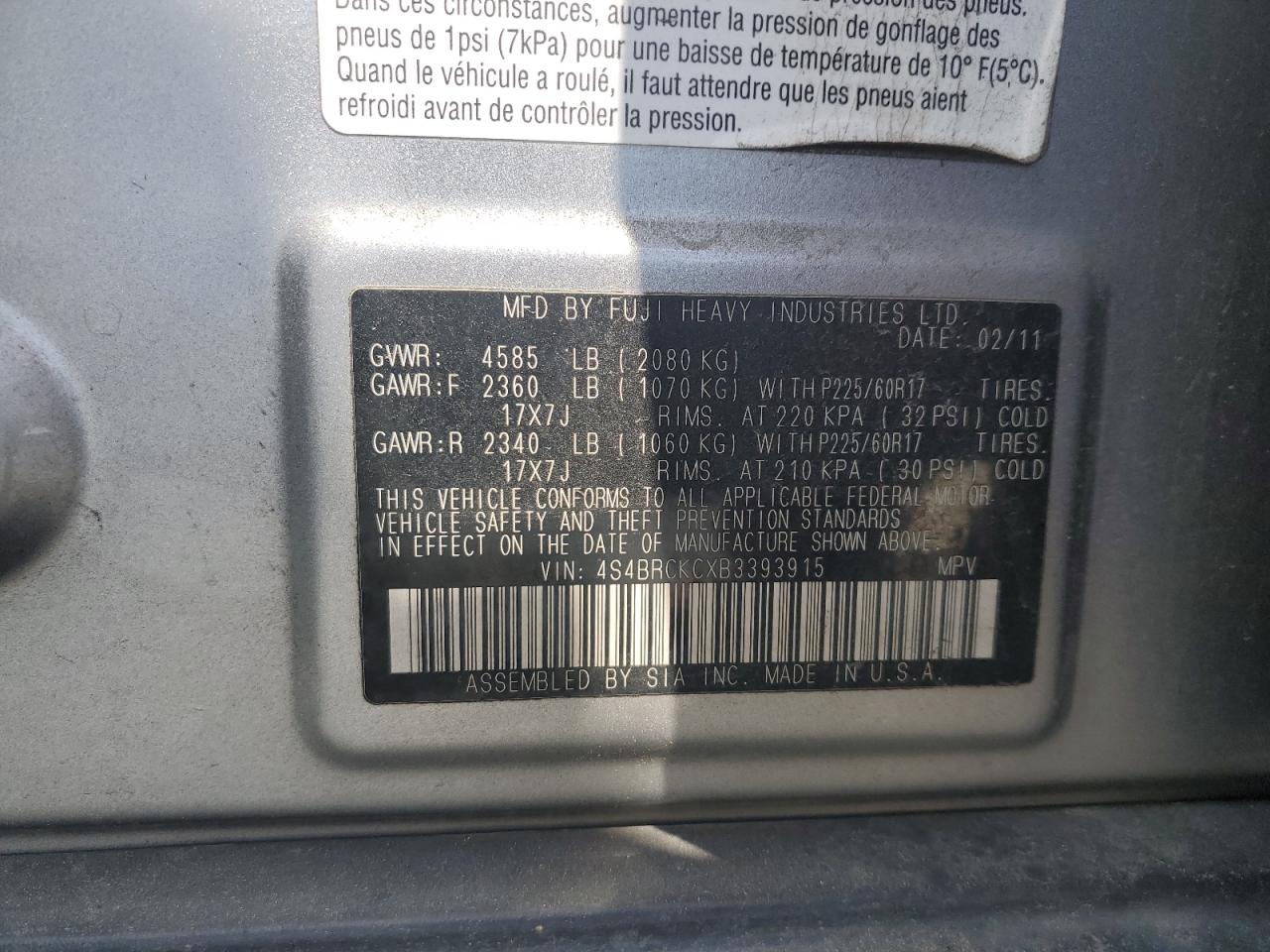 4S4BRCKCXB3393915 2011 Subaru Outback 2.5I Limited