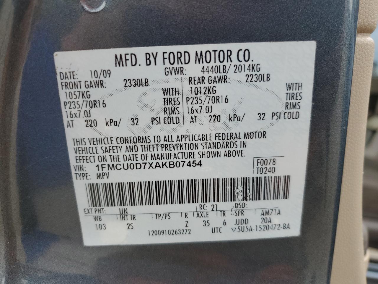 1FMCU0D7XAKB07454 2010 Ford Escape Xlt