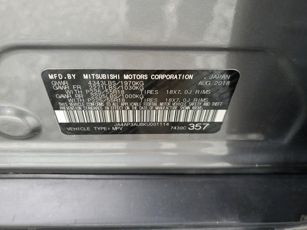 JA4AP3AU6KU001114 2019 Mitsubishi Outlander Sport Es