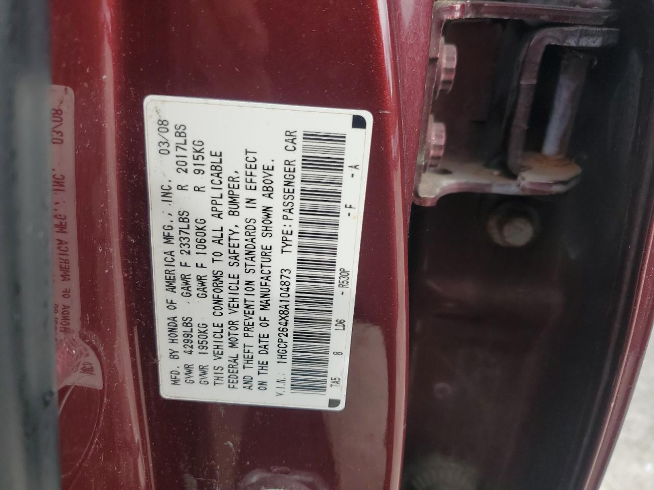 1HGCP264X8A104873 2008 Honda Accord Lxp