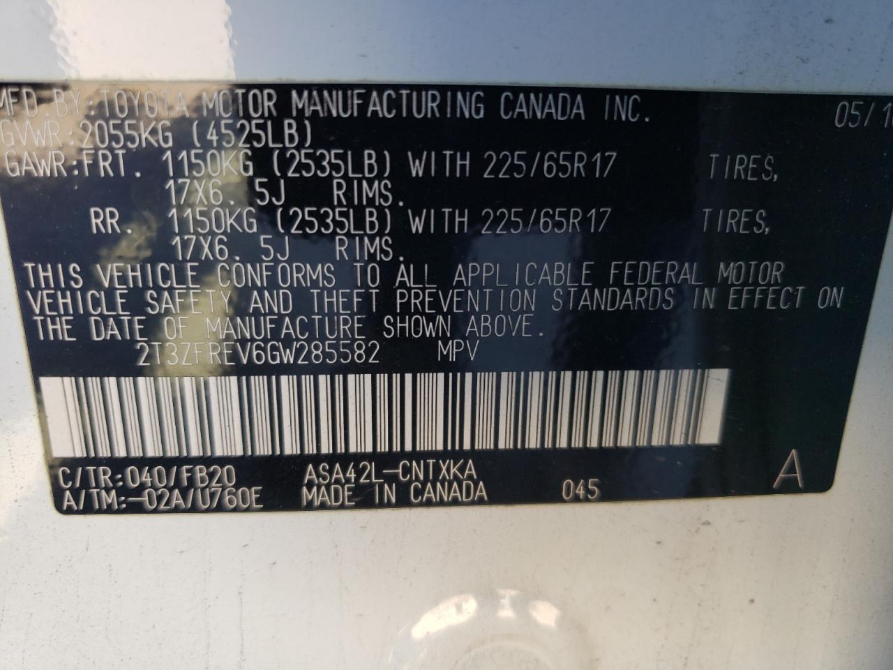 2T3ZFREV6GW285582 TOYOTA RAV4 2016