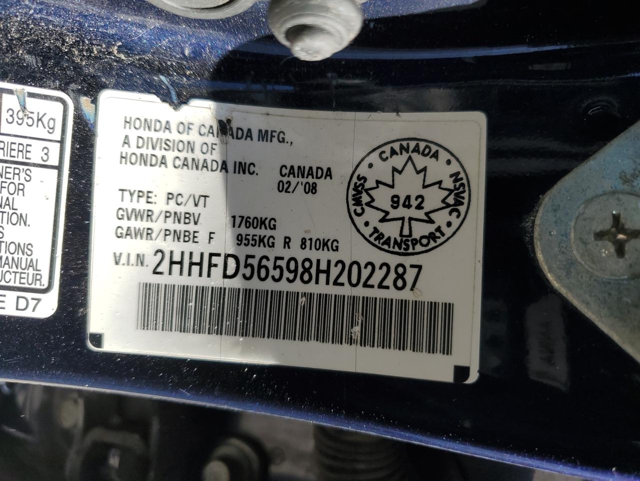 2HHFD56598H202287 2008 Acura Csx