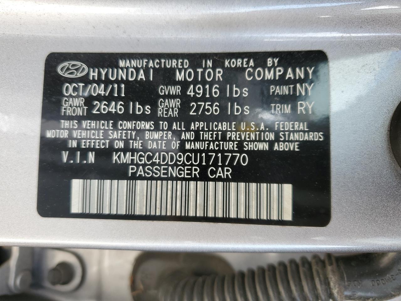 KMHGC4DD9CU171770 2012 Hyundai Genesis 3.8L