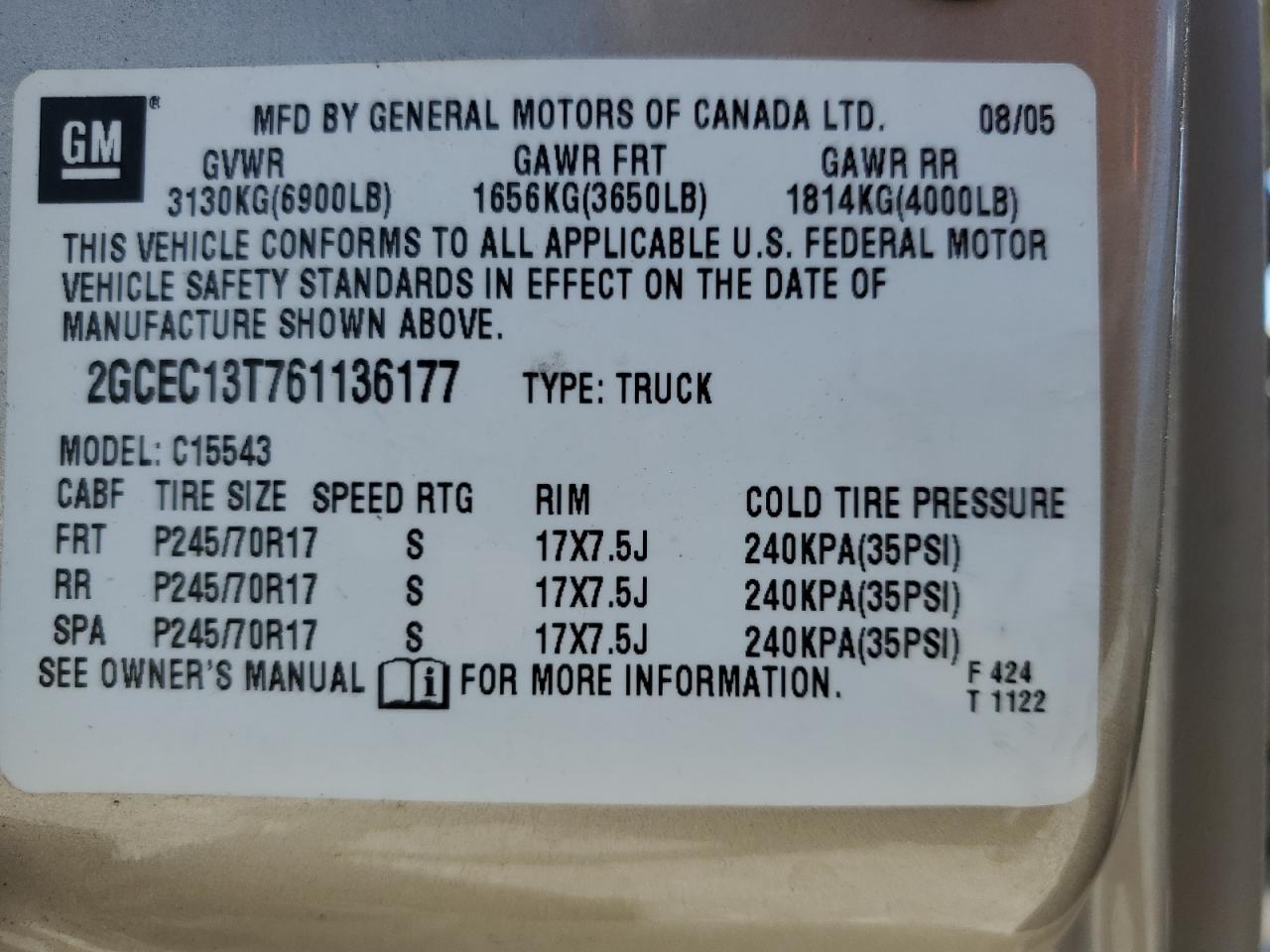 2GCEC13T761136177 2006 Chevrolet Silverado C1500