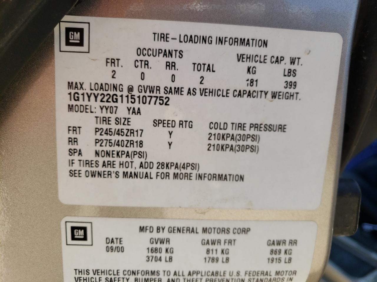 1G1YY22G115107752 2001 Chevrolet Corvette