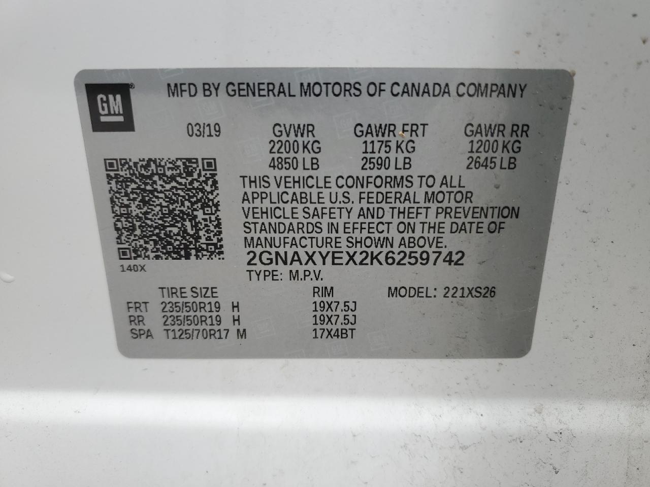 2GNAXYEX2K6259742 2019 Chevrolet Equinox Premier