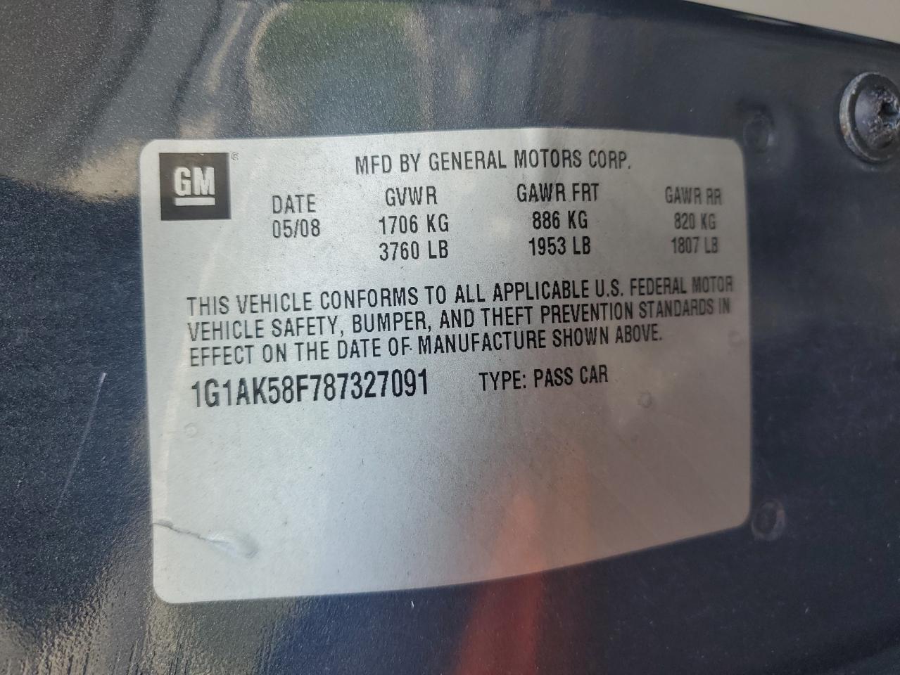 1G1AK58F787327091 2008 Chevrolet Cobalt Ls