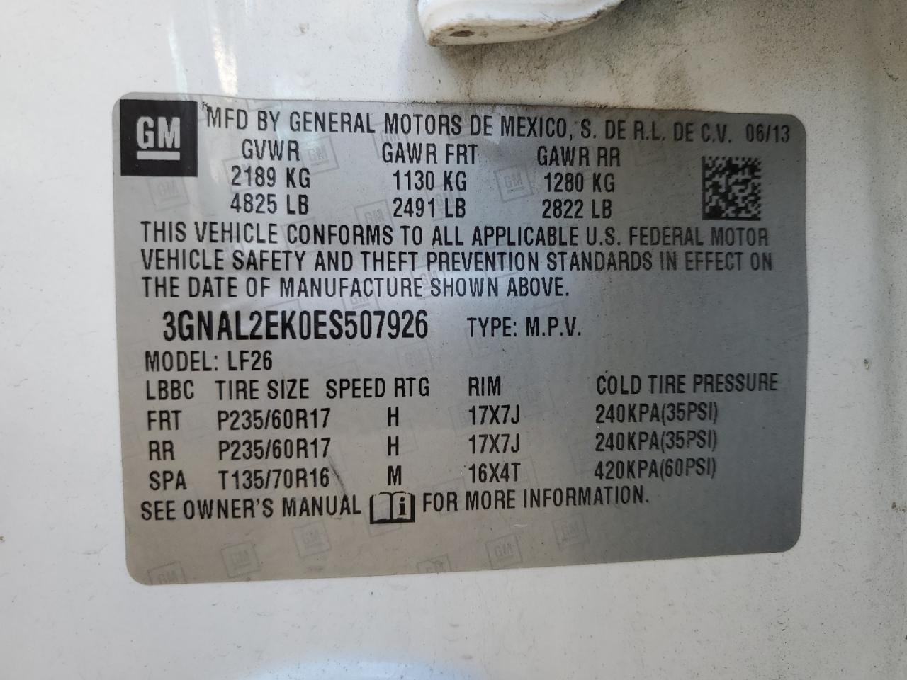 3GNAL2EK0ES507926 2014 Chevrolet Captiva Ls