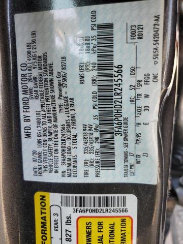 2020 Ford Fusion Se VIN: 3FA6P0HD2LR245566 Lot: 56337614