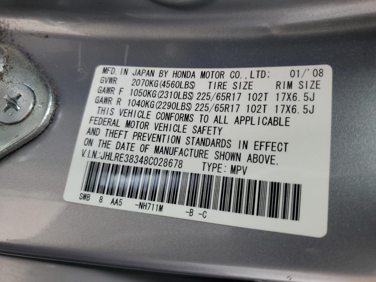 JHLRE38348C028678 2008 Honda Cr-V Lx