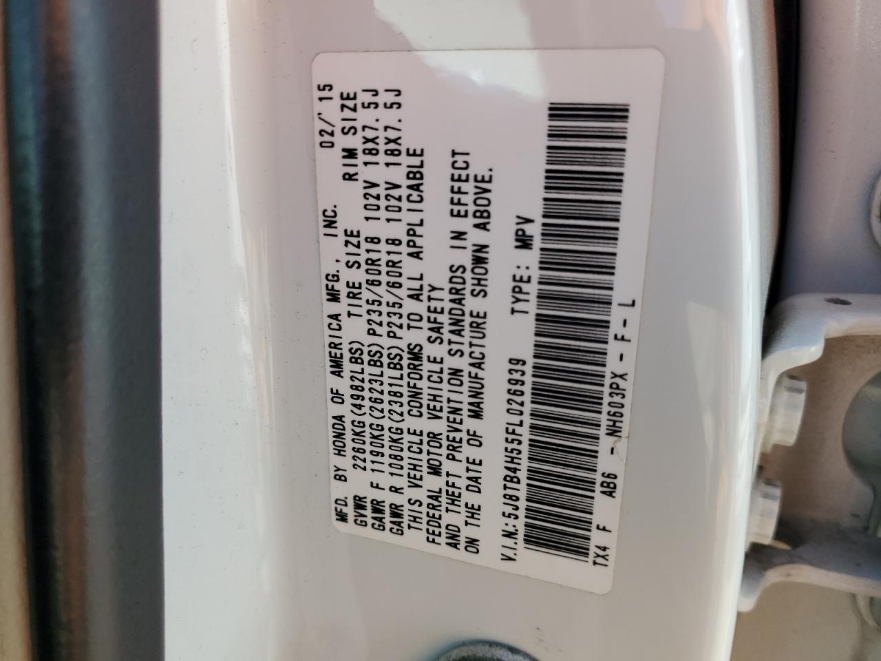 5J8TB4H55FL026939 2015 Acura Rdx Technology