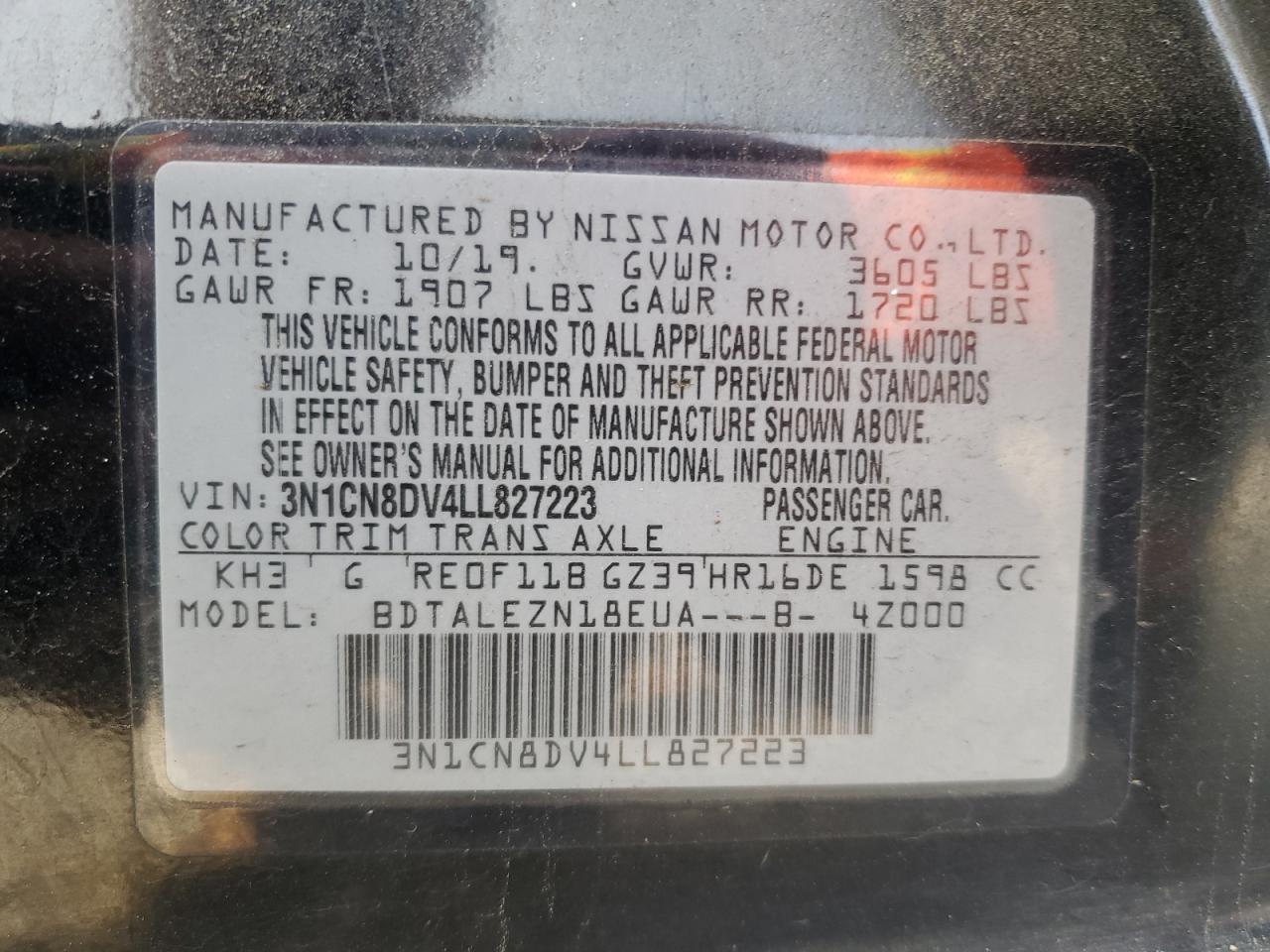 3N1CN8DV4LL827223 2020 Nissan Versa S