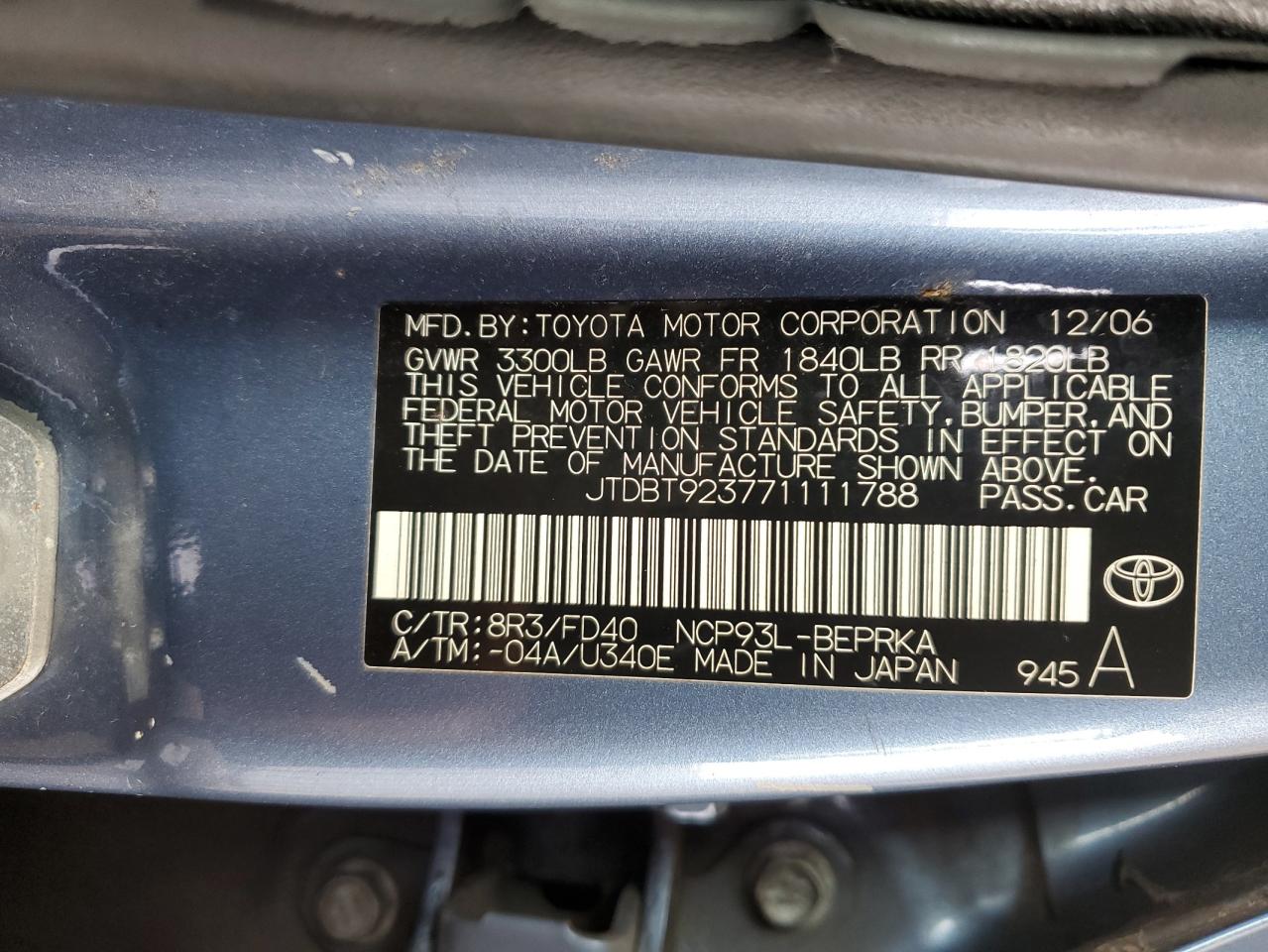 JTDBT923771111788 2007 Toyota Yaris