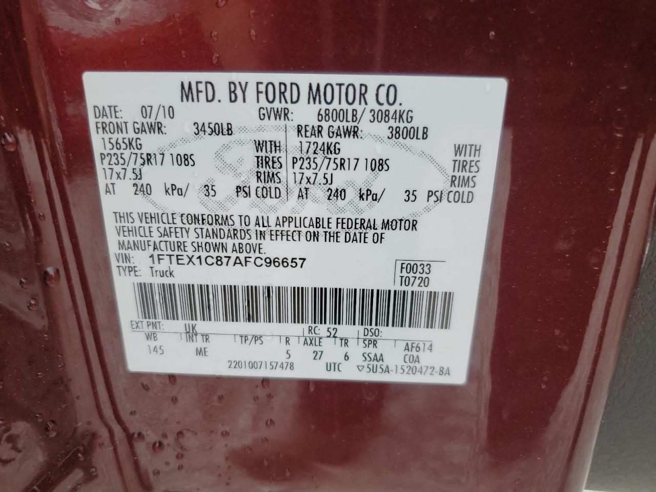 1FTEX1C87AFC96657 2010 Ford F150 Super Cab