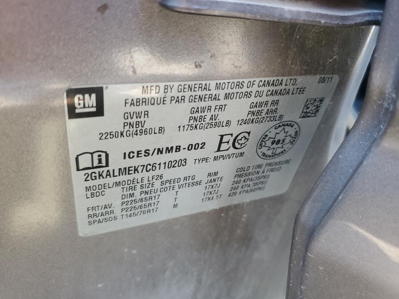 2GKALMEK7C6110203 2012 GMC Terrain Sle