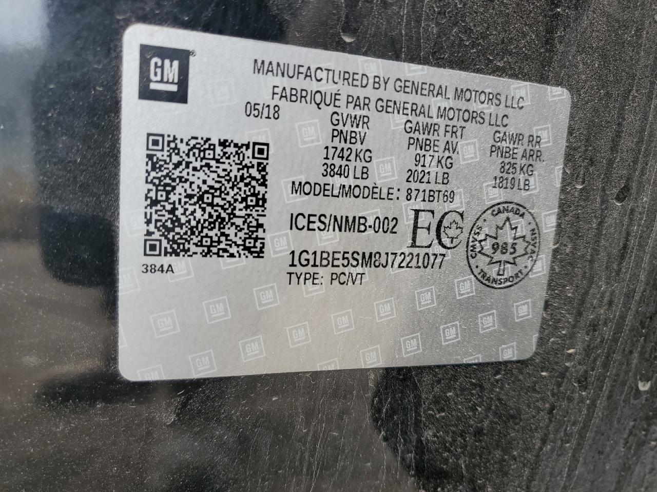 1G1BE5SM8J7221077 2018 Chevrolet Cruze Lt