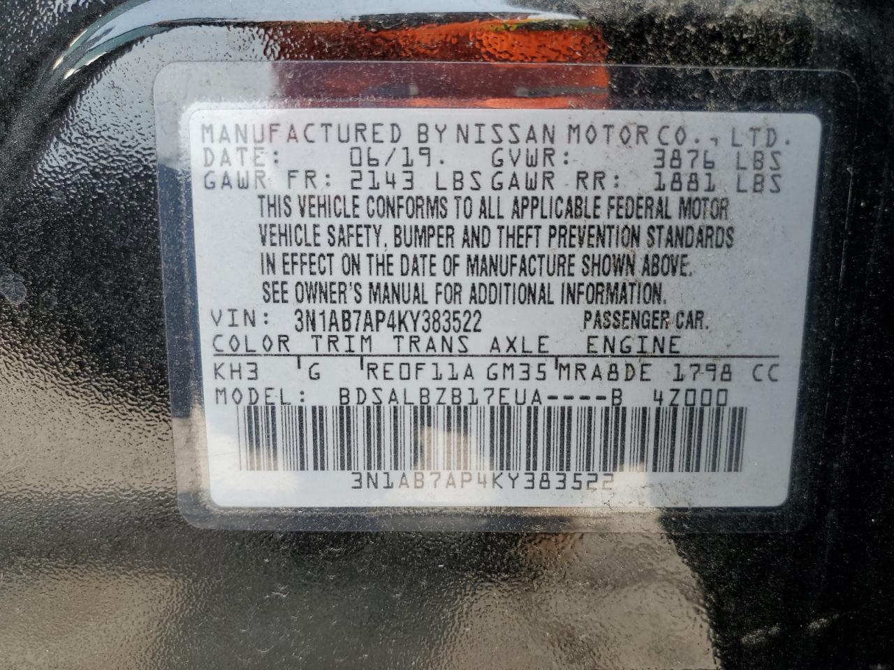 3N1AB7AP4KY383522 2019 Nissan Sentra S