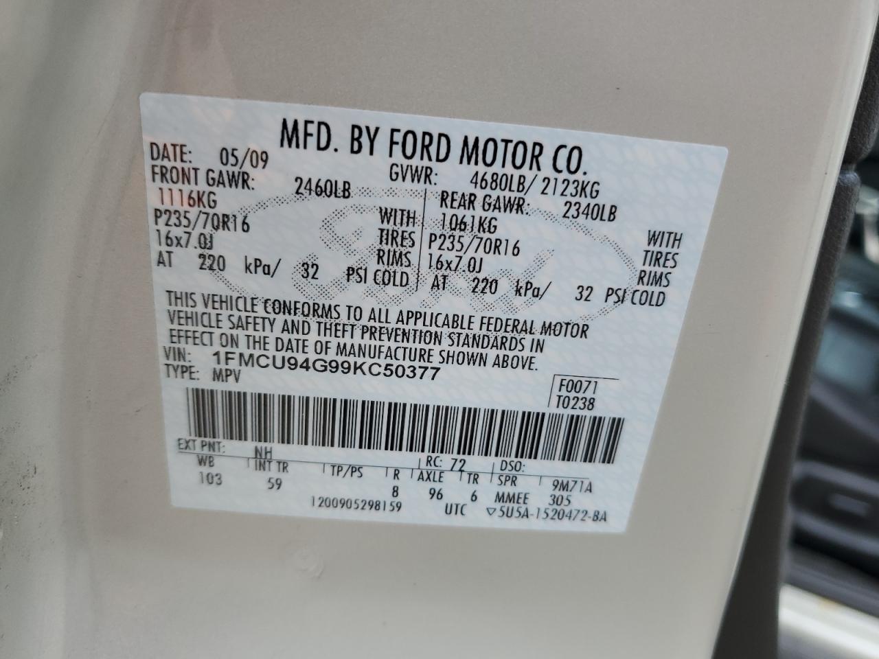 1FMCU94G99KC50377 2009 Ford Escape Limited