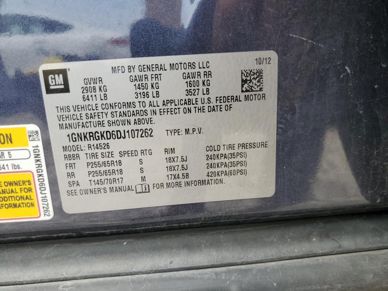 1GNKRGKD6DJ107262 2013 Chevrolet Traverse Lt