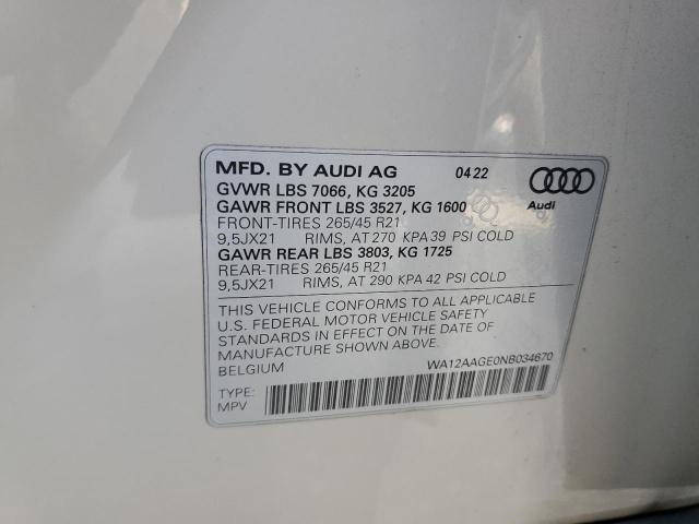 2022 Audi E-Tron Sportback Premium Plus VIN: WA12AAGE0NB034670 Lot: 56147474