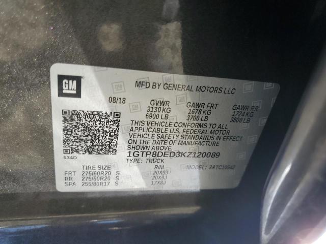 2019 GMC Sierra C1500 Slt VIN: 1GTP8DED3KZ120089 Lot: 52818574