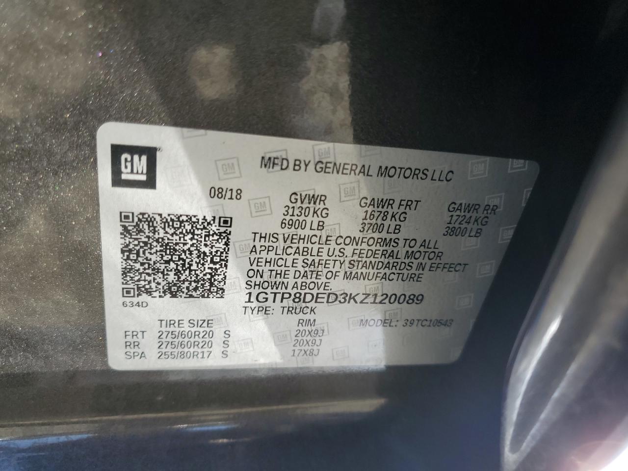 1GTP8DED3KZ120089 2019 GMC Sierra C1500 Slt