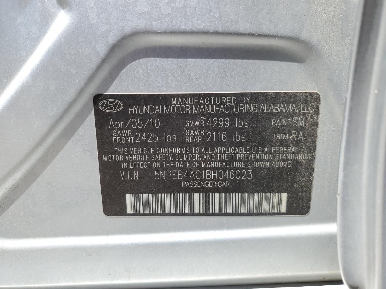 5NPEB4AC1BH046023 2011 Hyundai Sonata Gls