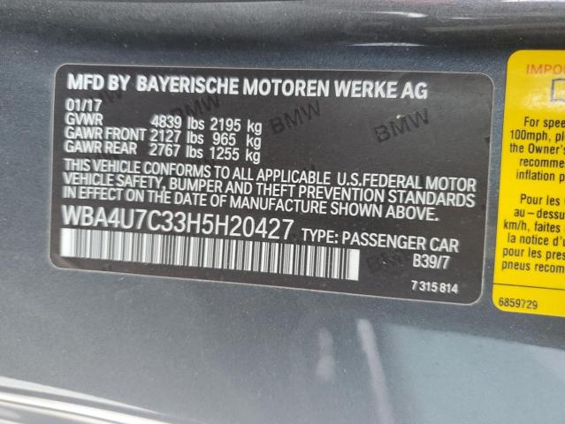 2017 BMW 430I VIN: WBA4U7C33H5H20427 Lot: 55031784
