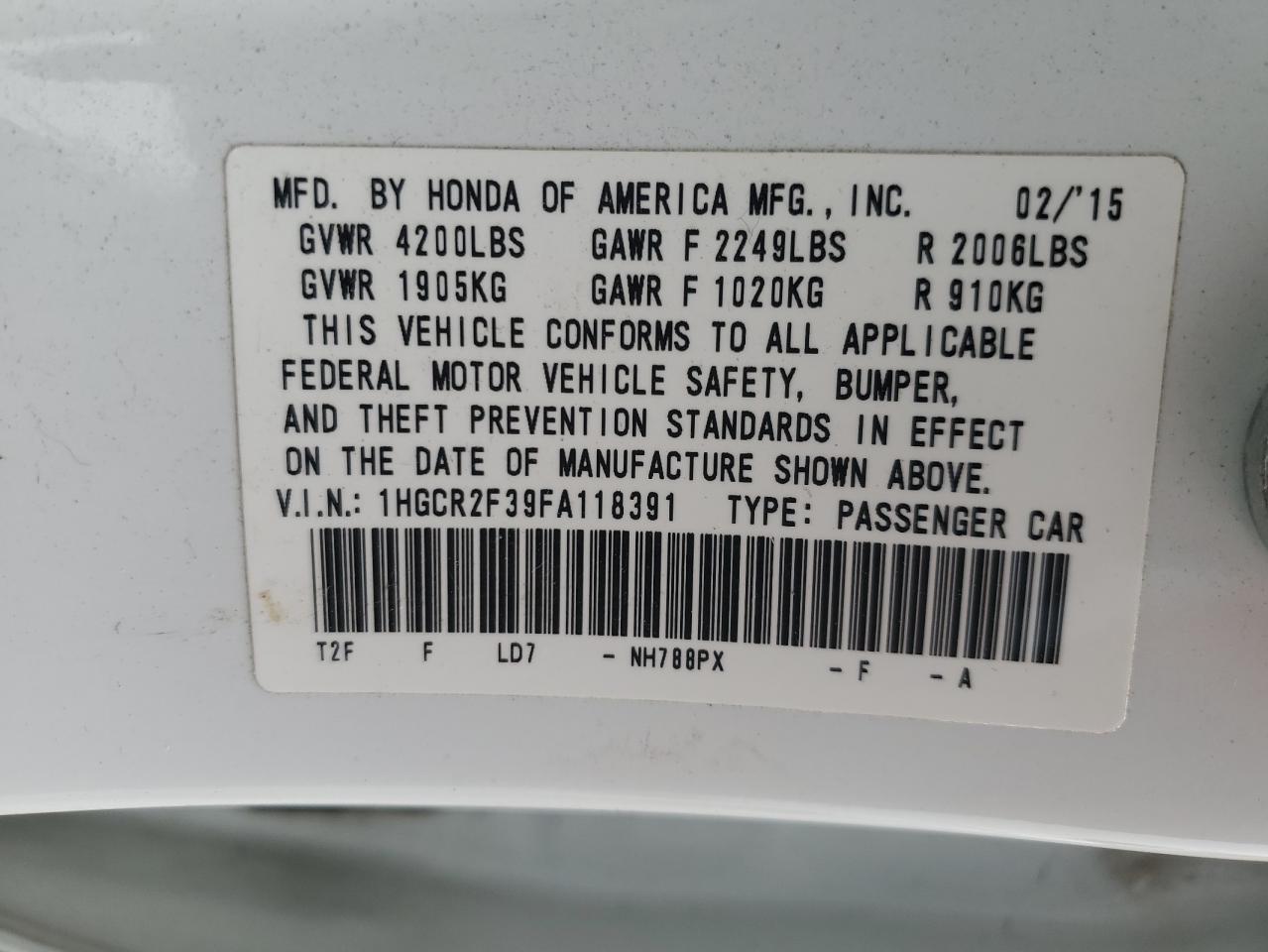 1HGCR2F39FA118391 2015 Honda Accord Lx