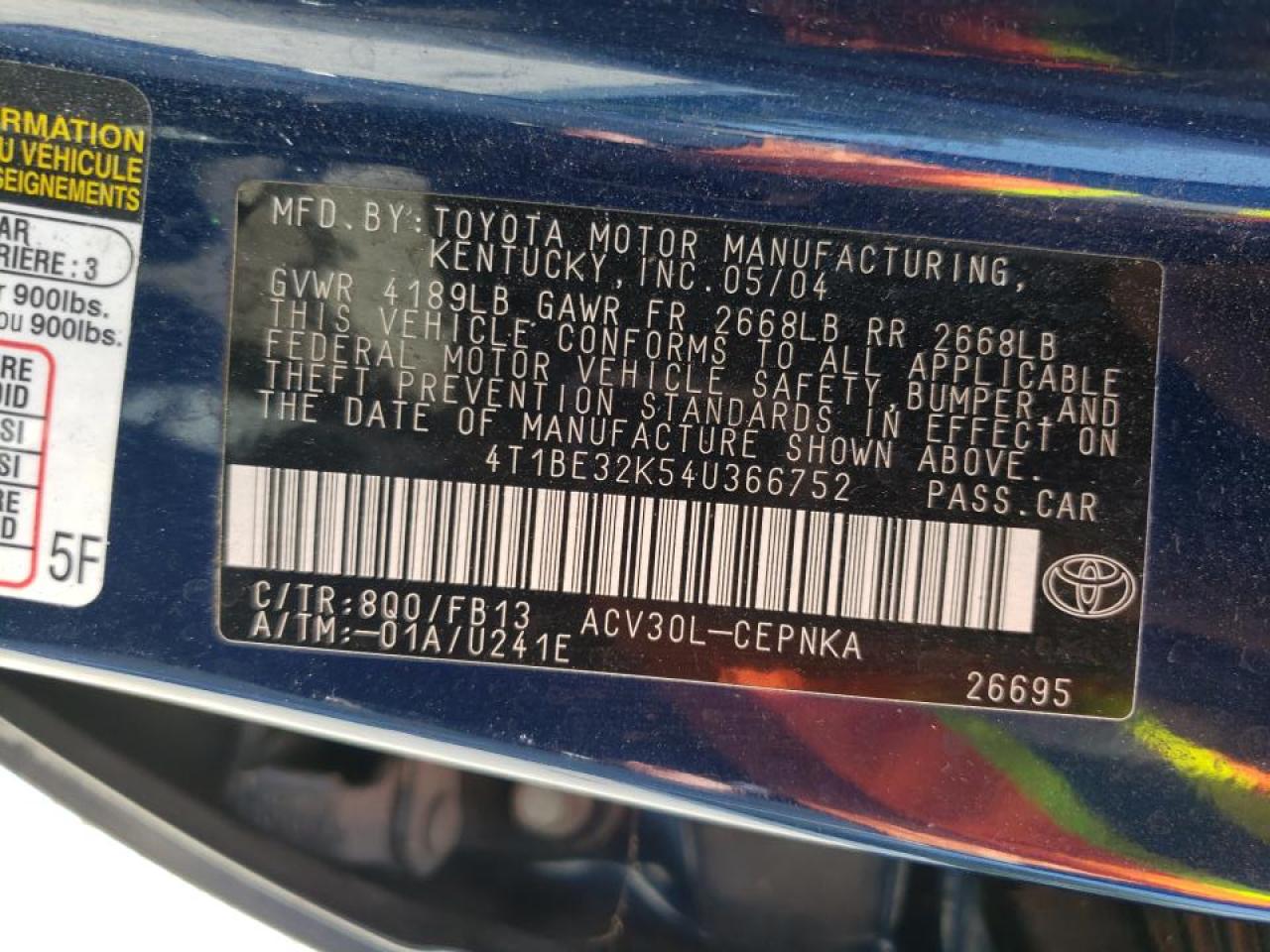 4T1BE32K54U366752 2004 Toyota Camry Le