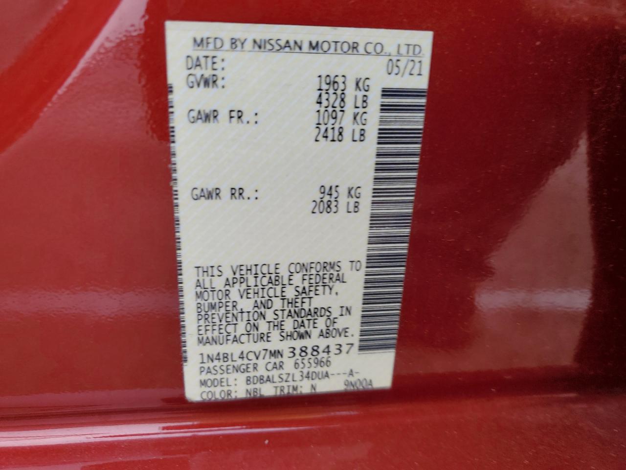 1N4BL4CV7MN388437 2021 Nissan Altima Sr