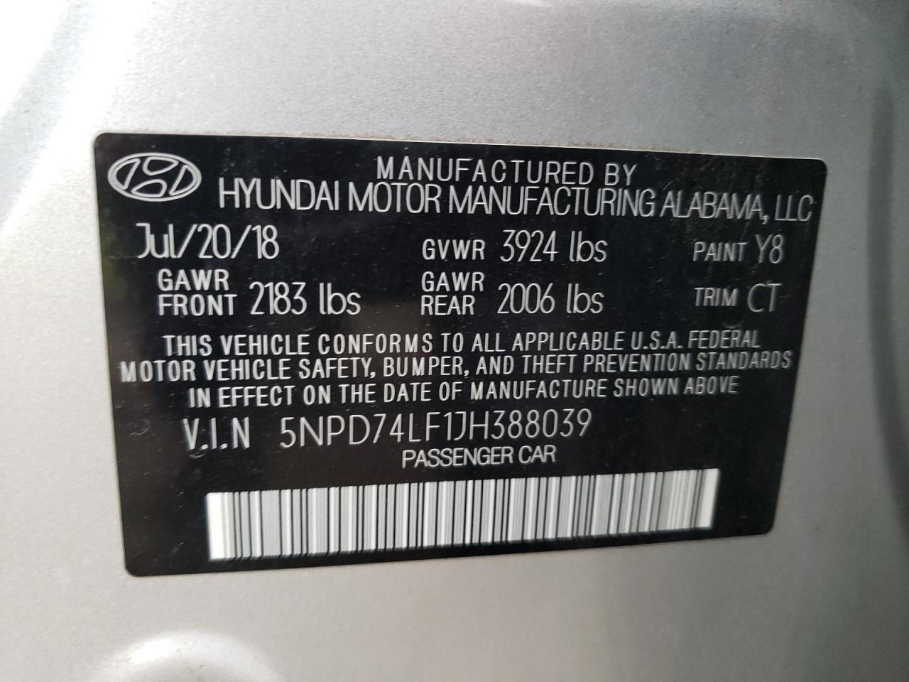 5NPD74LF1JH388039 2018 Hyundai Elantra Se