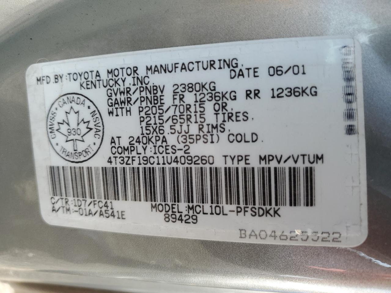 4T3ZF19C11U409260 2001 Toyota Sienna Ce