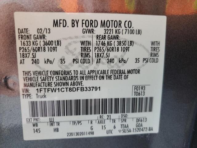 2013 Ford F150 Supercrew VIN: 1FTFW1CT8DFB33791 Lot: 53858744