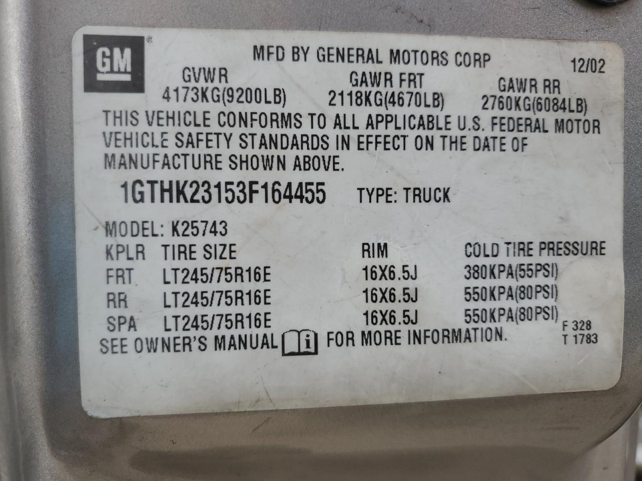 1GTHK23153F164455 2003 GMC Sierra K2500 Heavy Duty