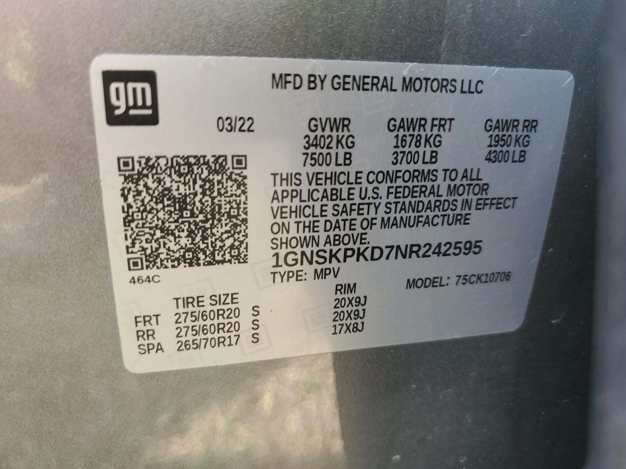 1GNSKPKD7NR242595 2022 Chevrolet Tahoe K1500 Z71