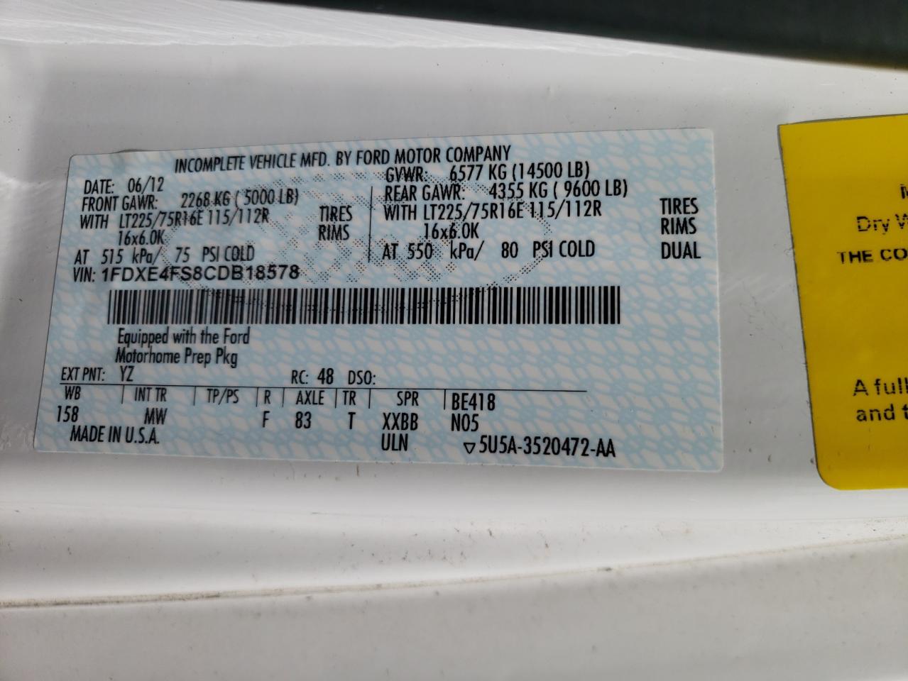1FDXE4FS8CDB18578 2012 Ford Econoline E450 Super Duty Cutaway Van