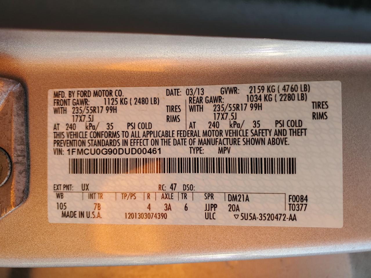 1FMCU0G90DUD00461 2013 Ford Escape Se