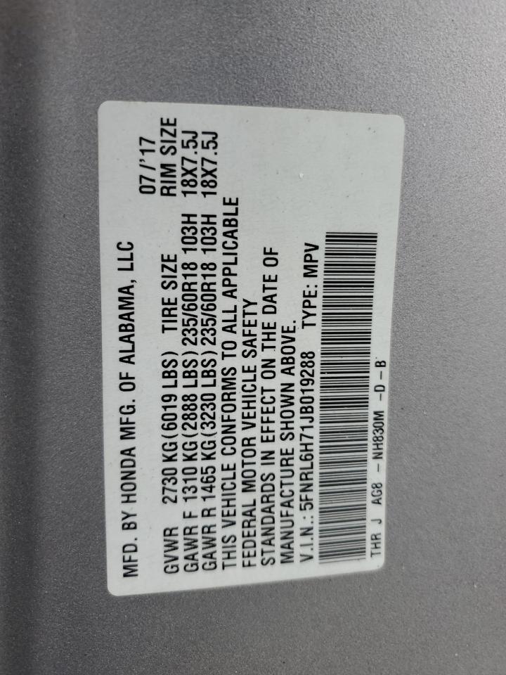 5FNRL6H71JB019288 2018 Honda Odyssey Exl