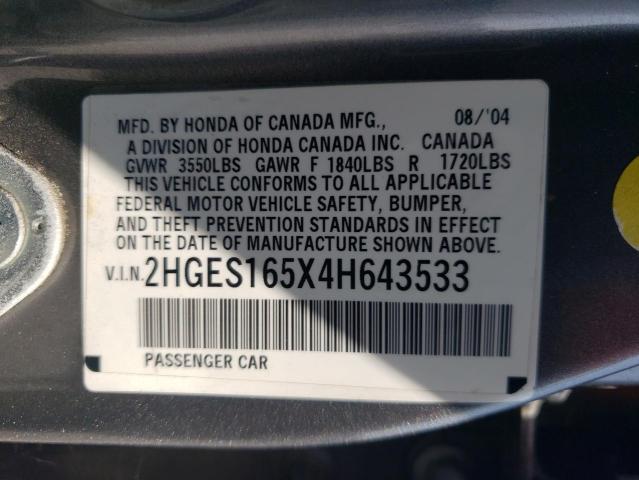 2004 Honda Civic Lx VIN: 2HGES165X4H643533 Lot: 55230884