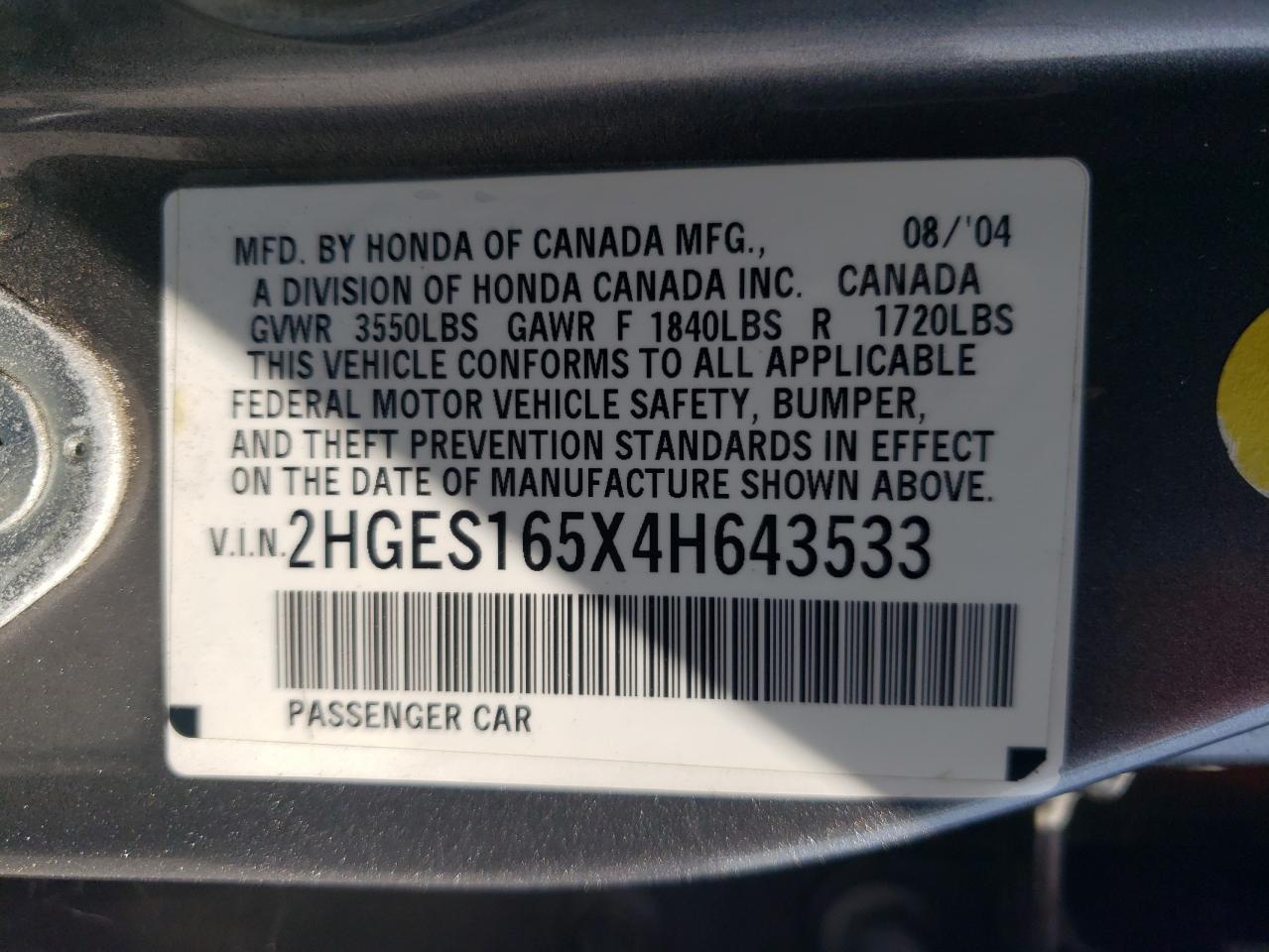 2HGES165X4H643533 2004 Honda Civic Lx