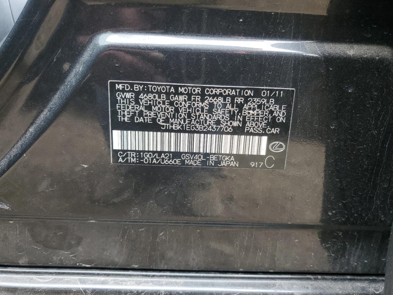 JTHBK1EG3B2437706 2011 Lexus Es 350